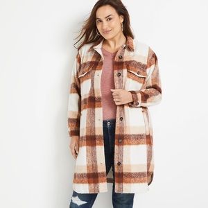 NWT Maurices Plus Neutral Plaid Longline Wool Shacket